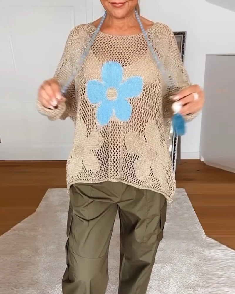Bloom | Women's Crochet Top Floral Open Weave Long Sleeve