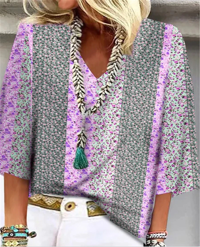 Mosaic | Women's Ditsy Floral Patchwork V-Neck 3/4 Sleeve Top