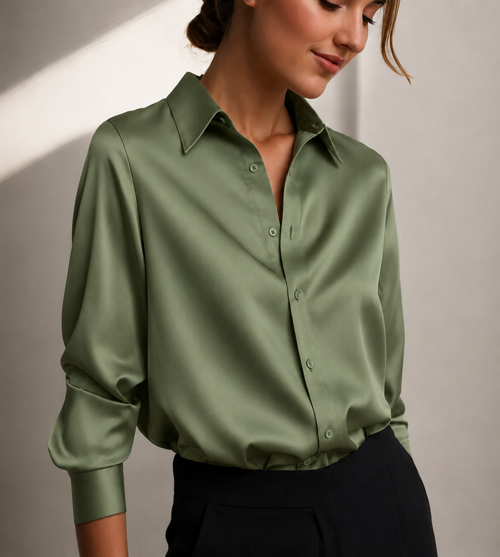 Sage | Women's Satin Button-Down Blouse Long Sleeve Collar Shirt