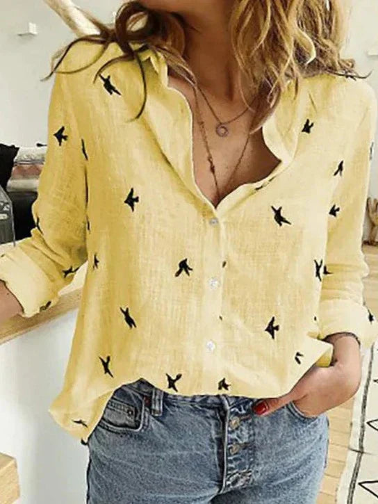 Avery | Women's Button-Down Shirt Long Sleeve Bird Print Blouse