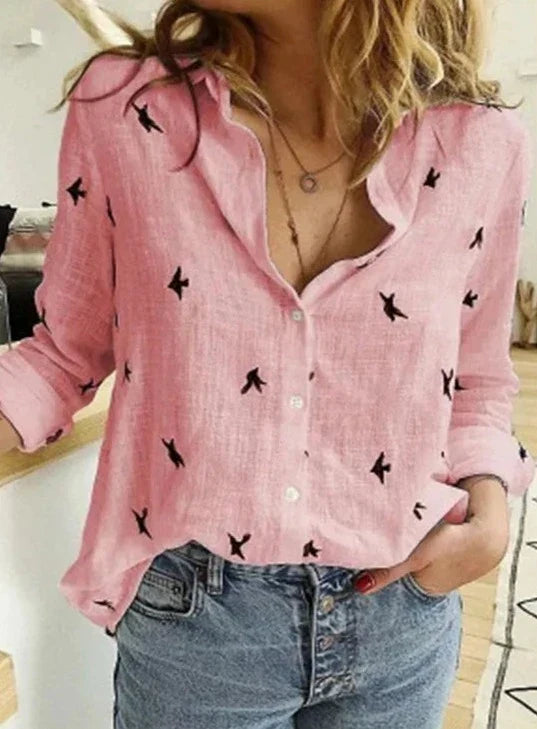 Avery | Women's Button-Down Shirt Long Sleeve Bird Print Blouse