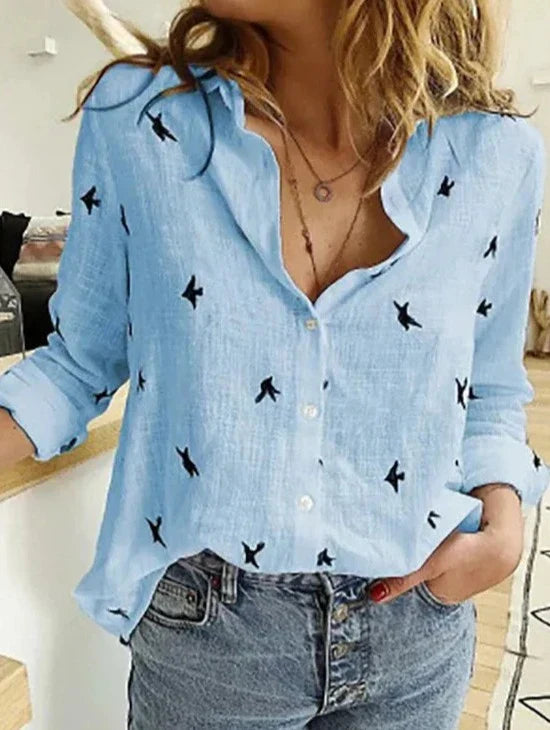 Avery | Women's Button-Down Shirt Long Sleeve Bird Print Blouse