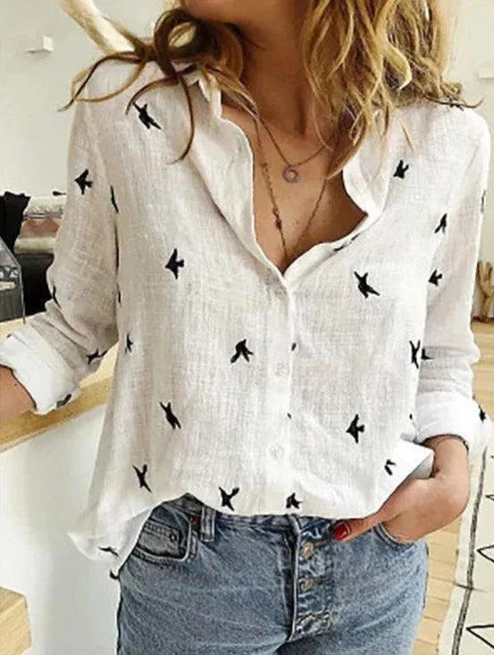Avery | Women's Button-Down Shirt Long Sleeve Bird Print Blouse