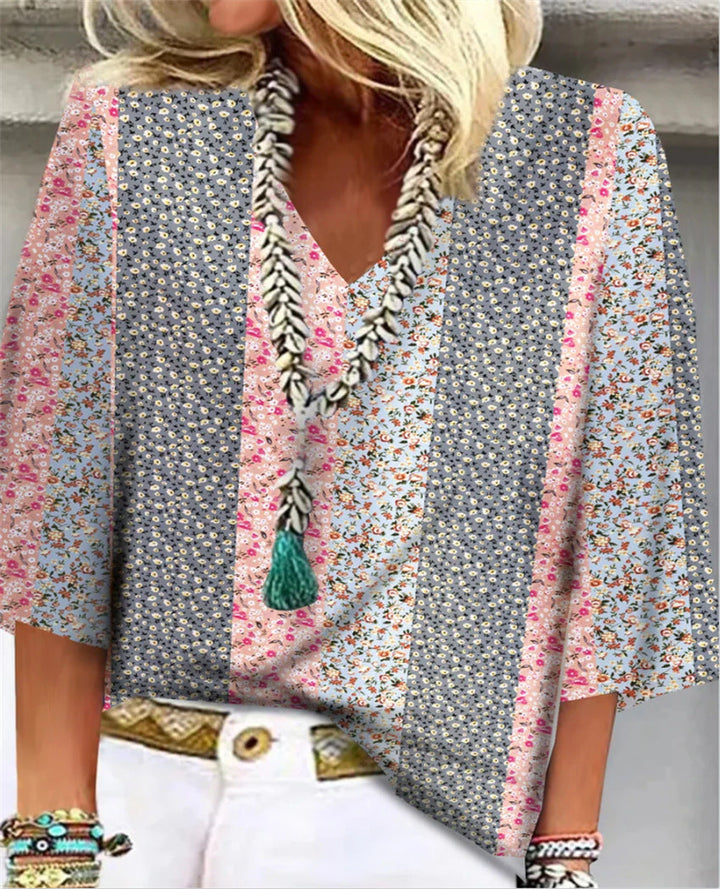 Mosaic | Women's Ditsy Floral Patchwork V-Neck 3/4 Sleeve Top