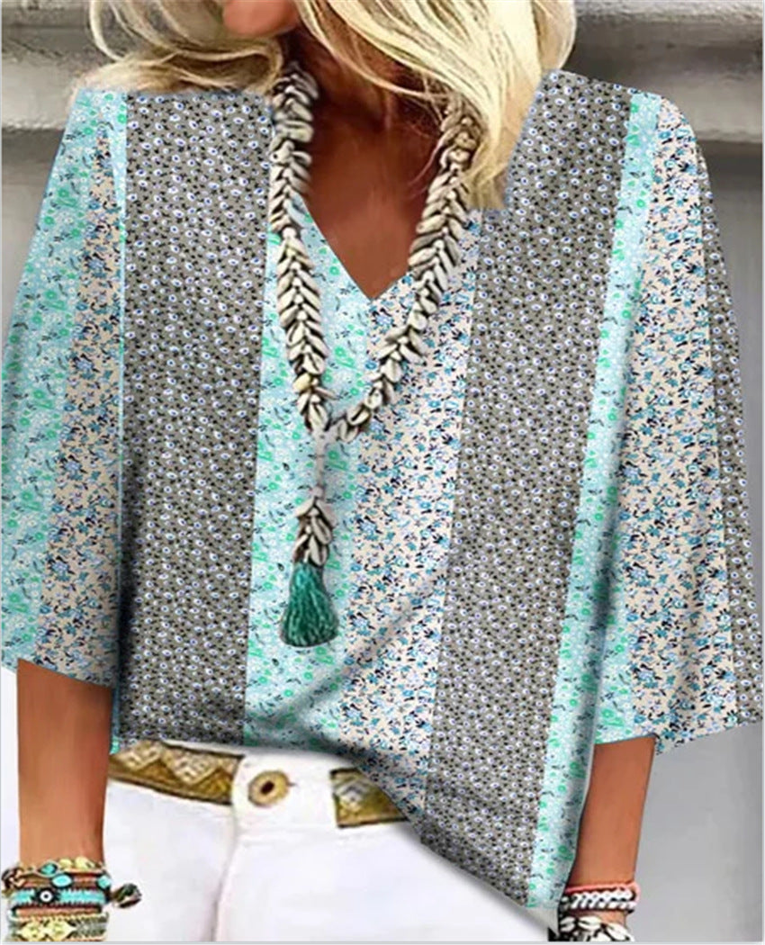 Mosaic | Women's Ditsy Floral Patchwork V-Neck 3/4 Sleeve Top