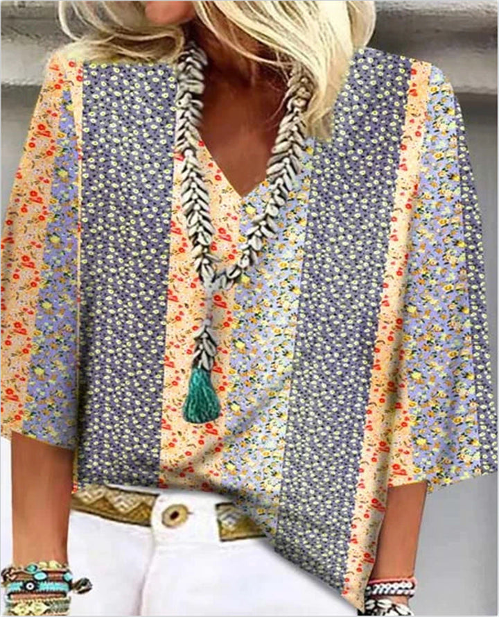 Mosaic | Women's Ditsy Floral Patchwork V-Neck 3/4 Sleeve Top