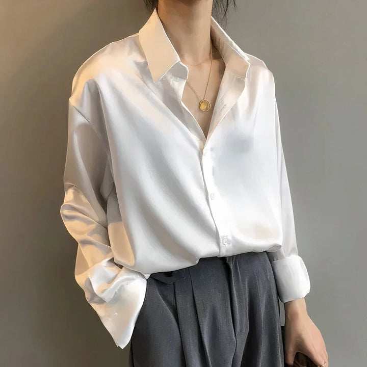 Sage | Women's Satin Button-Down Blouse Long Sleeve Collar Shirt