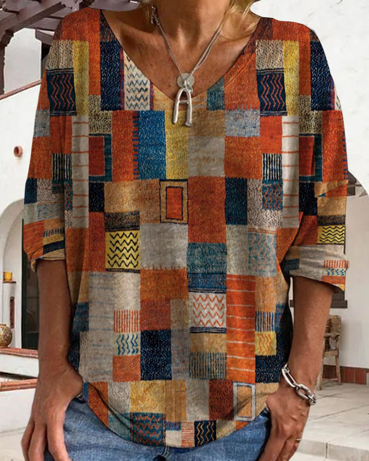 Imogen | Women's Patchwork V Neck 3/4 Sleeve Blouse