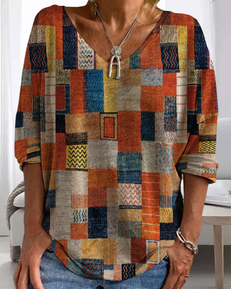 Imogen | Women's Patchwork V Neck 3/4 Sleeve Blouse