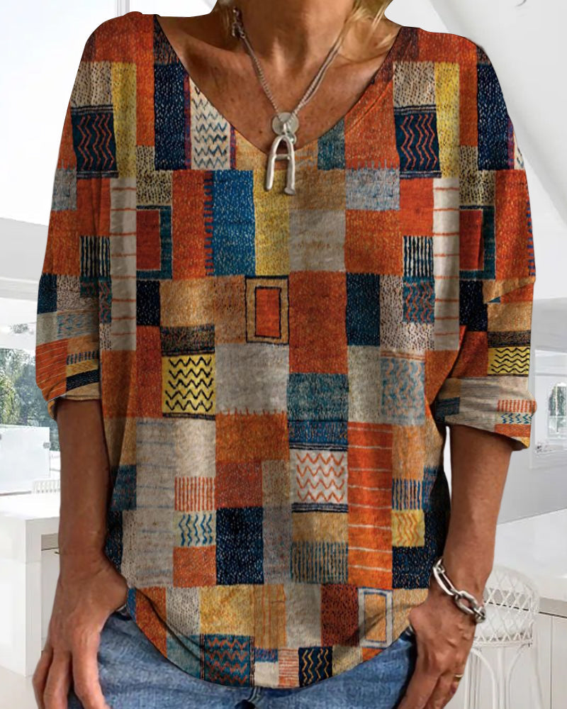 Imogen | Women's Patchwork V Neck 3/4 Sleeve Blouse
