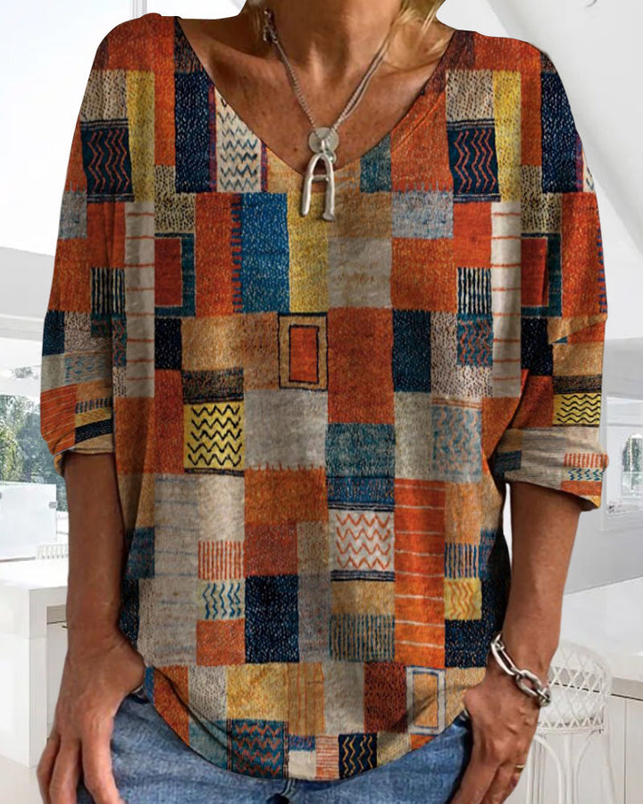 Imogen | Women's Patchwork V Neck 3/4 Sleeve Blouse