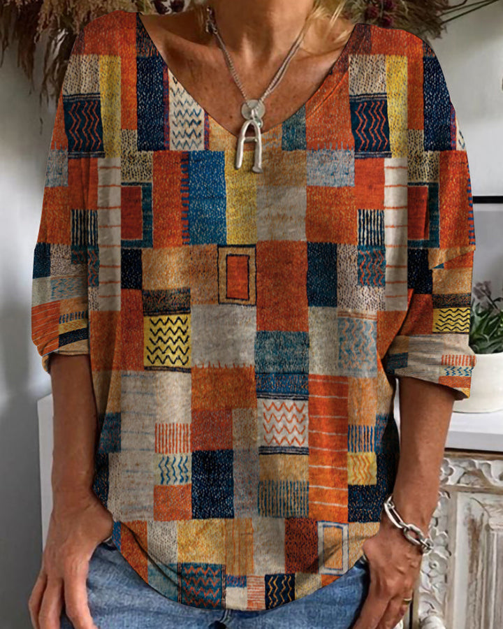Imogen | Women's Patchwork V Neck 3/4 Sleeve Blouse