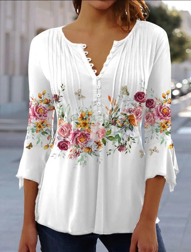 Lorette | Women's Floral Henley 3/4 Sleeve Blouse