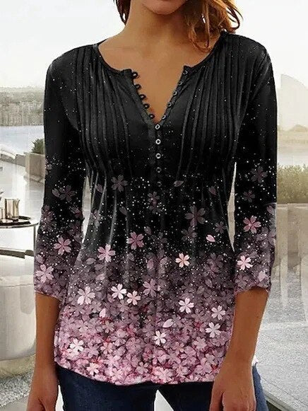 Lorette | Women's Floral Henley 3/4 Sleeve Blouse