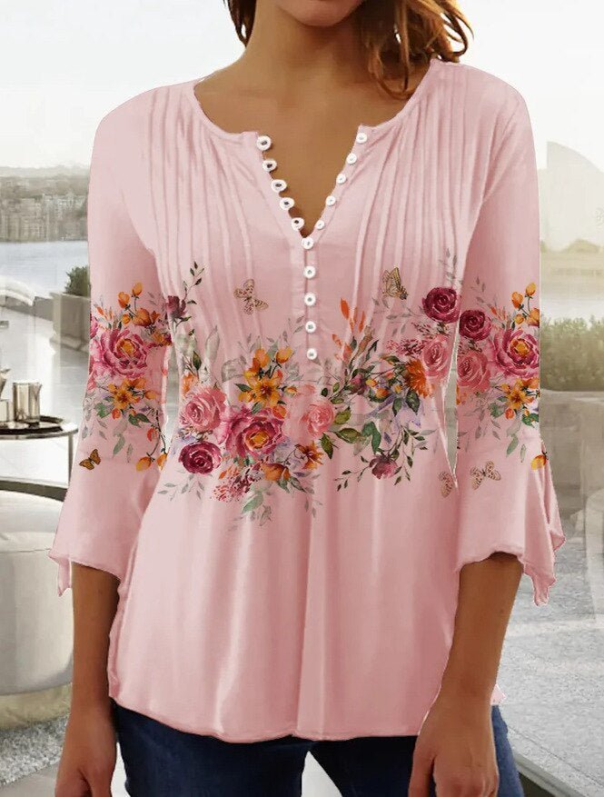 Lorette | Women's Floral Henley 3/4 Sleeve Blouse