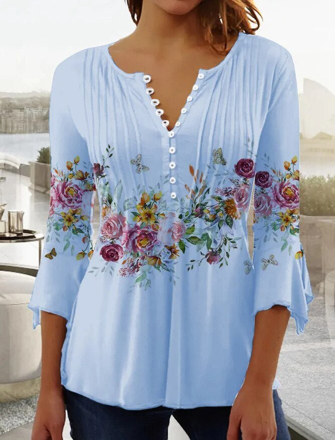 Lorette | Women's Floral Henley 3/4 Sleeve Blouse