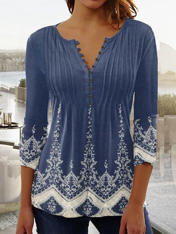 Lorette | Women's Floral Henley 3/4 Sleeve Blouse