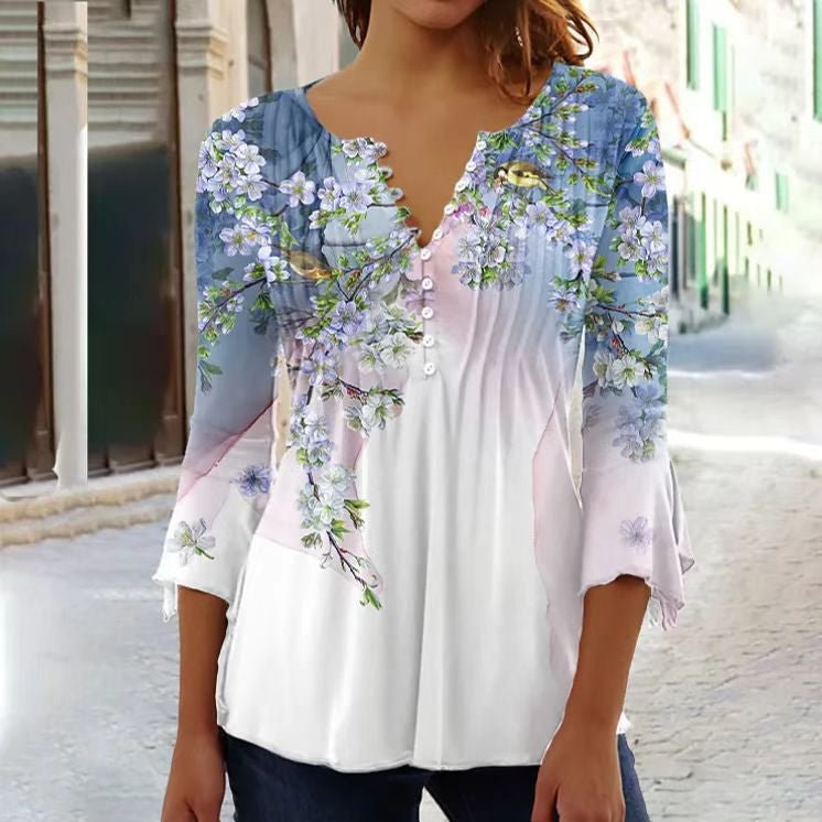 Lorette | Women's Floral Henley 3/4 Sleeve Blouse