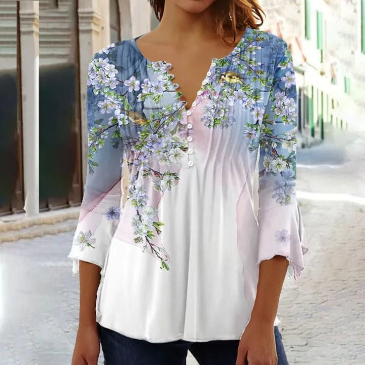 Lorette | Women's Floral Henley 3/4 Sleeve Blouse