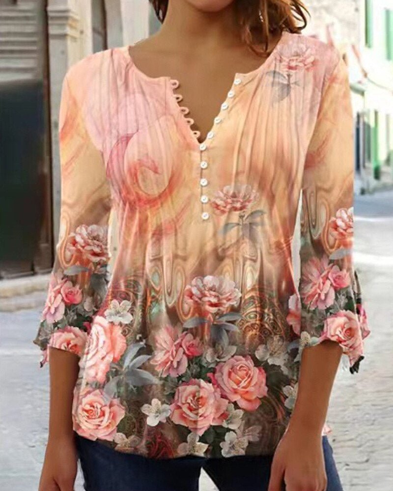 Lorette | Women's Floral Henley 3/4 Sleeve Blouse