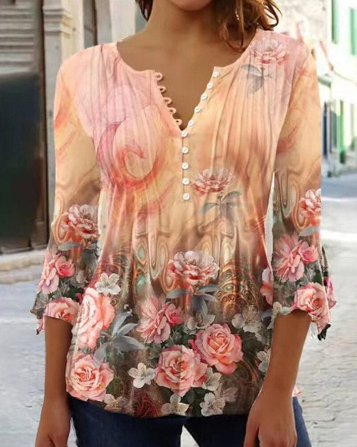 Lorette | Women's Floral Henley 3/4 Sleeve Blouse