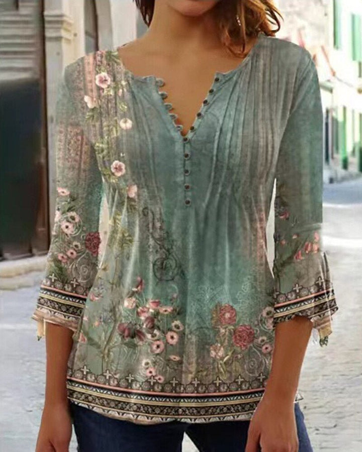 Lorette | Women's Floral Henley 3/4 Sleeve Blouse