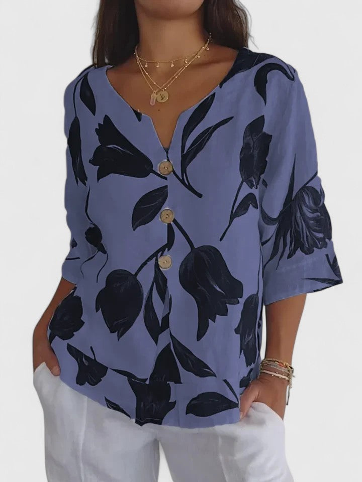 Opaline | Women's Floral Print V-Neck 3/4 Sleeve Blouse