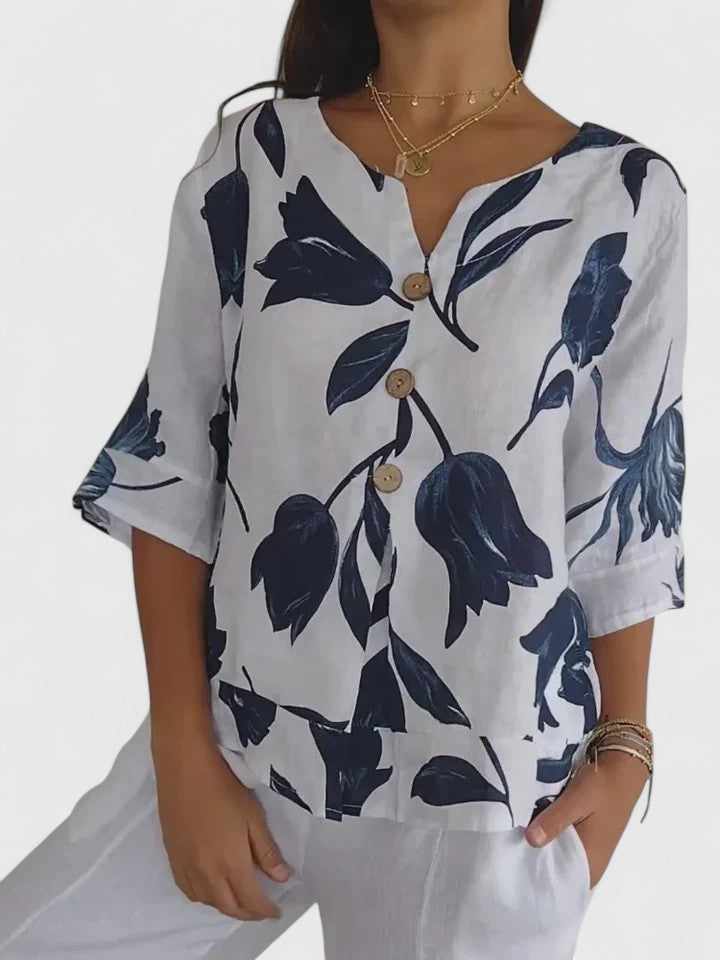 Opaline | Women's Floral Print V-Neck 3/4 Sleeve Blouse