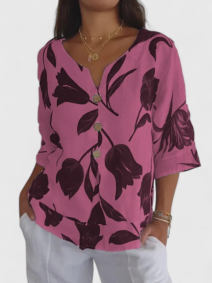 Opaline | Women's Floral Print V-Neck 3/4 Sleeve Blouse