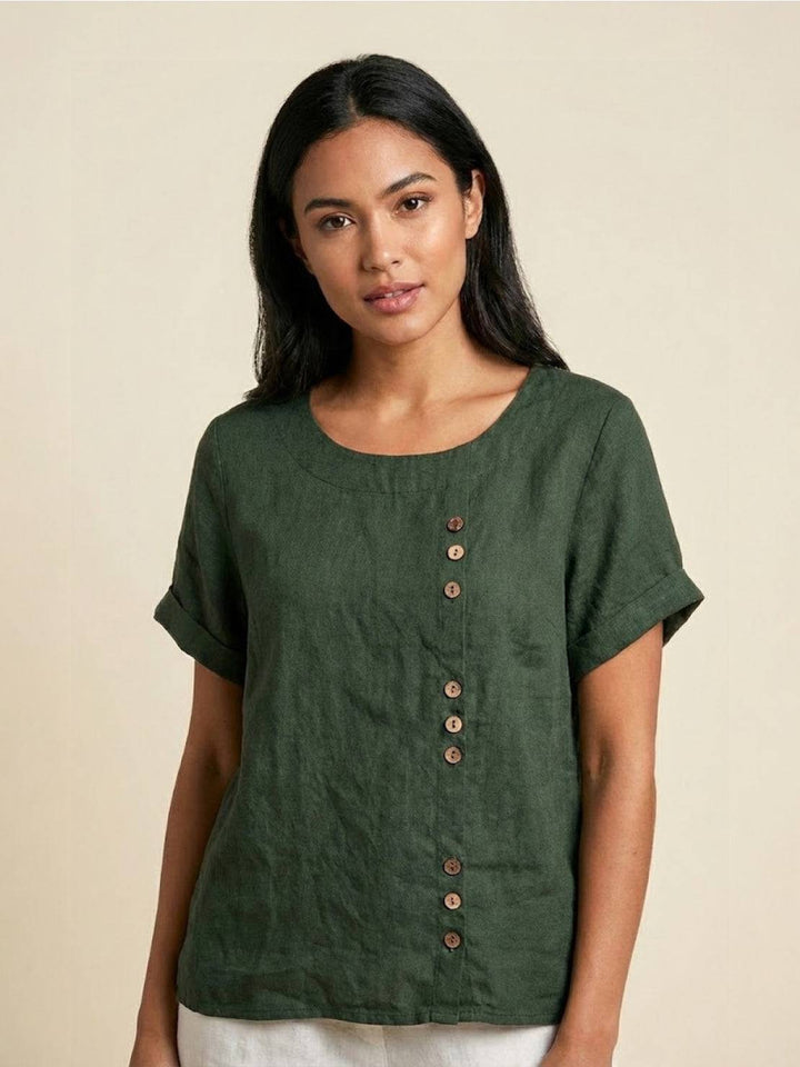 Foreen | Women's Casual Scoop Neck Button Detail Short Sleeve Top