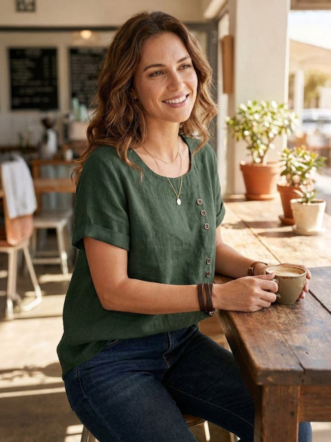 Foreen | Women's Casual Scoop Neck Button Detail Short Sleeve Top