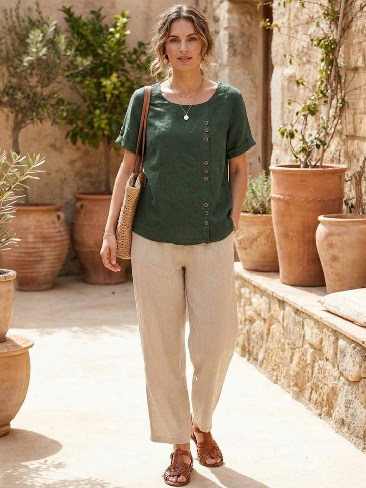 Foreen | Women's Casual Scoop Neck Button Detail Short Sleeve Top