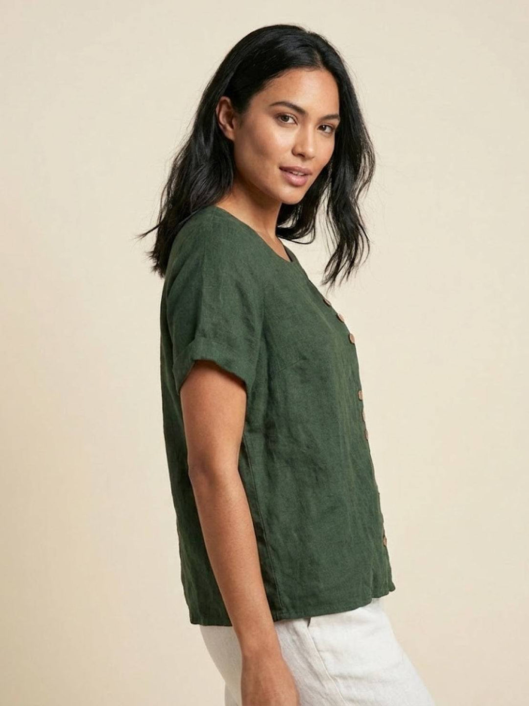 Foreen | Women's Casual Scoop Neck Button Detail Short Sleeve Top