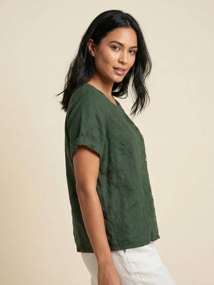 Foreen | Women's Casual Scoop Neck Button Detail Short Sleeve Top