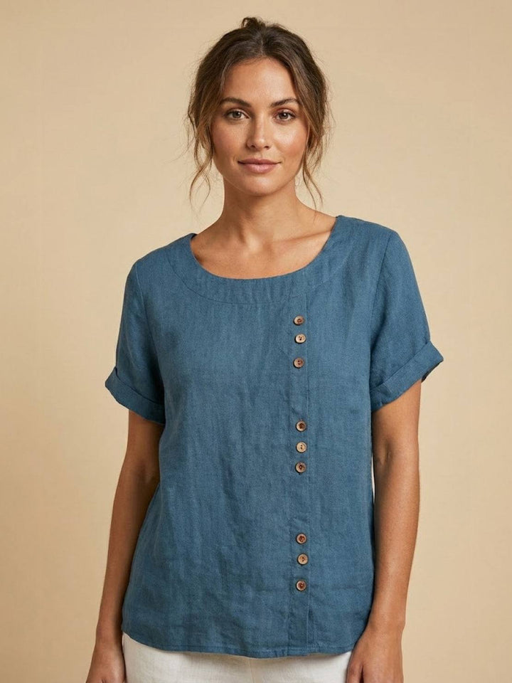 Foreen | Women's Casual Scoop Neck Button Detail Short Sleeve Top