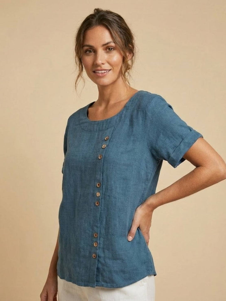 Foreen | Women's Casual Scoop Neck Button Detail Short Sleeve Top