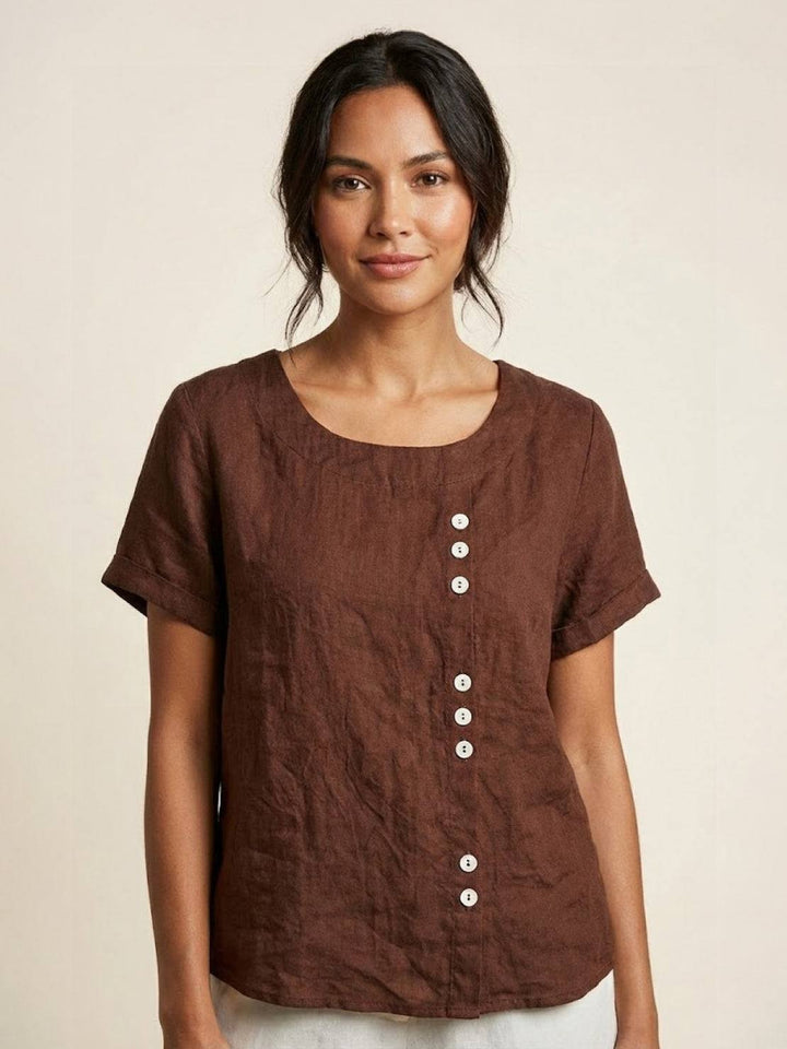 Foreen | Women's Casual Scoop Neck Button Detail Short Sleeve Top