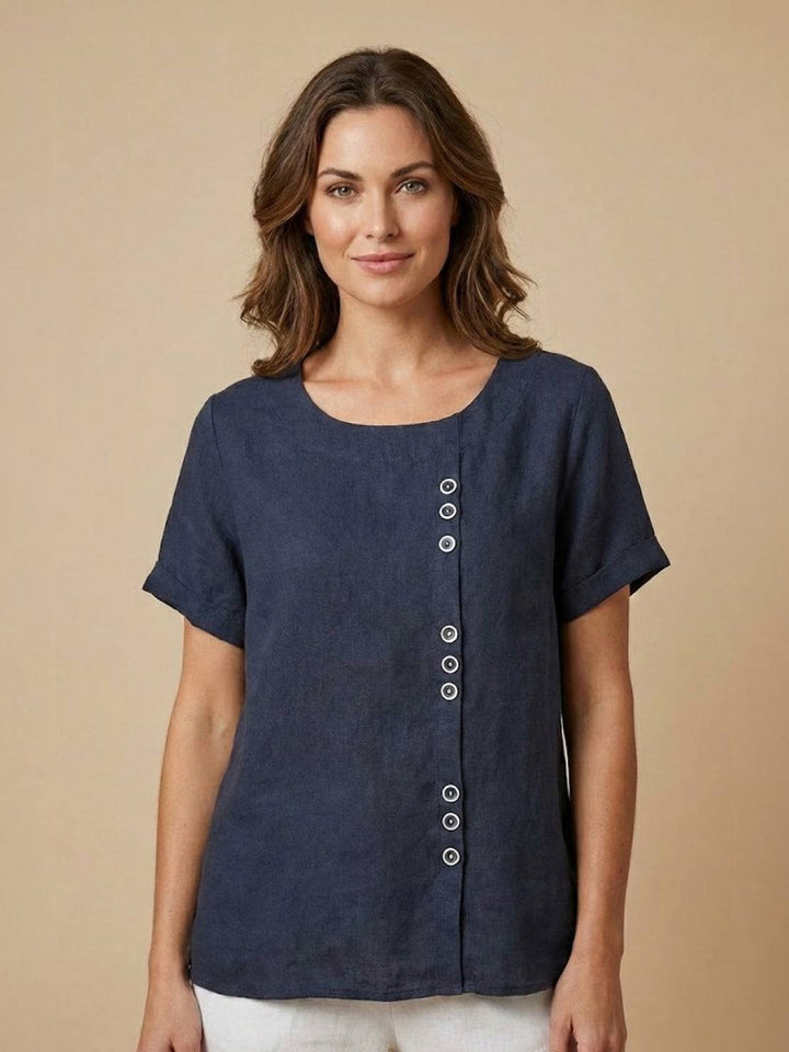 Foreen | Women's Casual Scoop Neck Button Detail Short Sleeve Top