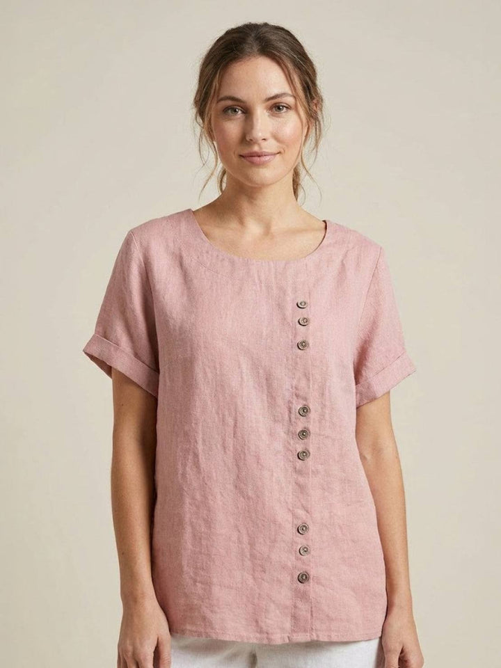 Foreen | Women's Casual Scoop Neck Button Detail Short Sleeve Top