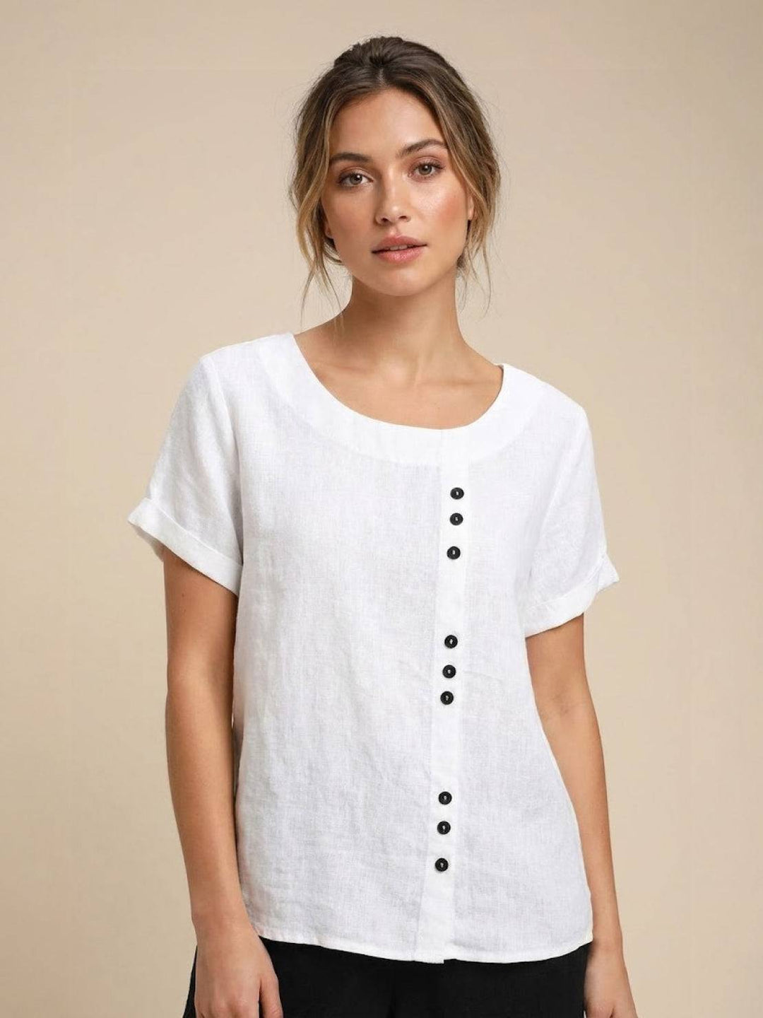 Foreen | Women's Casual Scoop Neck Button Detail Short Sleeve Top