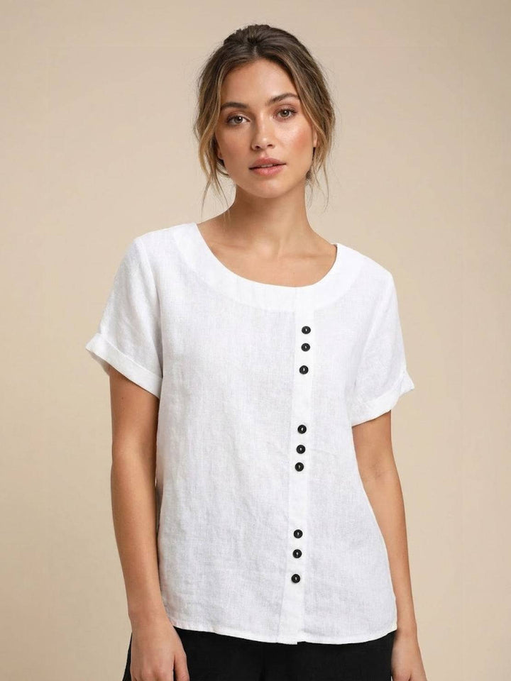 Foreen | Women's Casual Scoop Neck Button Detail Short Sleeve Top