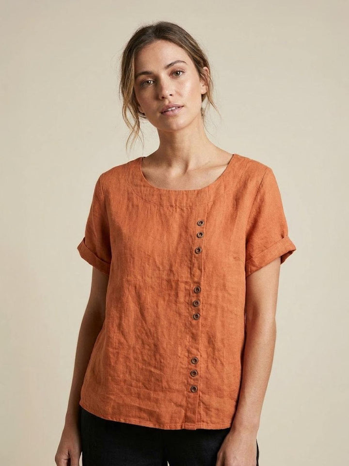 Foreen | Women's Casual Scoop Neck Button Detail Short Sleeve Top