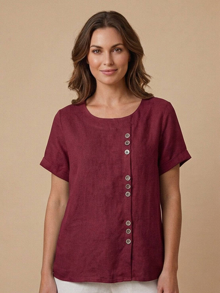 Foreen | Women's Casual Scoop Neck Button Detail Short Sleeve Top
