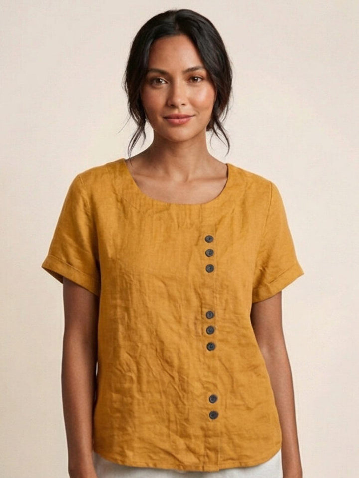 Foreen | Women's Casual Scoop Neck Button Detail Short Sleeve Top