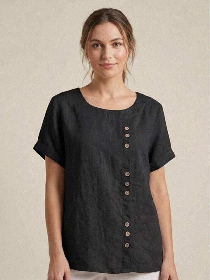Foreen | Women's Casual Scoop Neck Button Detail Short Sleeve Top