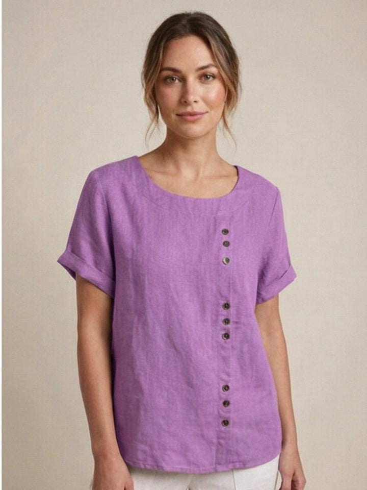Foreen | Women's Casual Scoop Neck Button Detail Short Sleeve Top