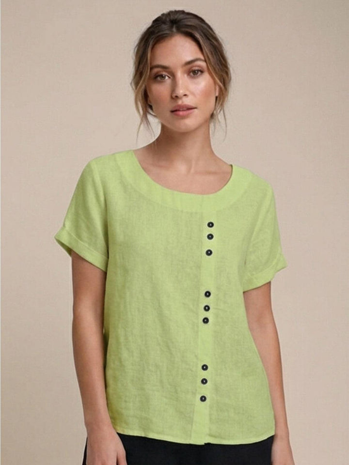 Foreen | Women's Casual Scoop Neck Button Detail Short Sleeve Top
