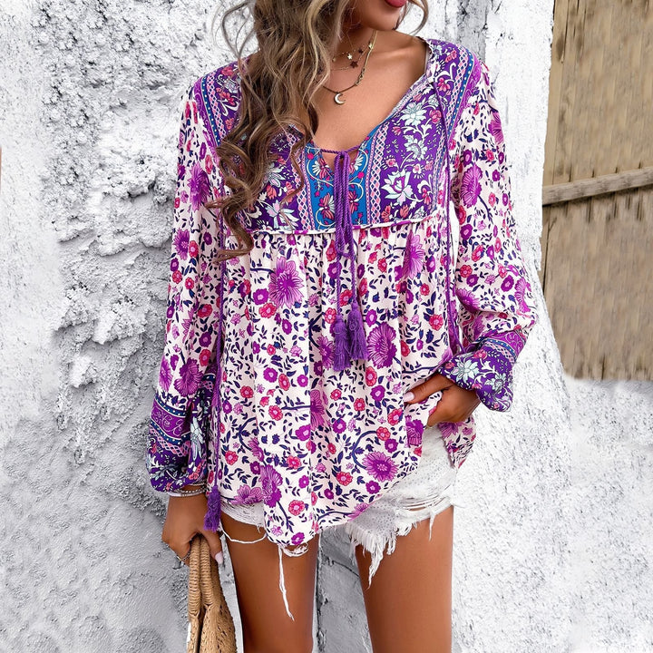 Saffron | Women's Boho Floral V-Neck Long Sleeve Blouse