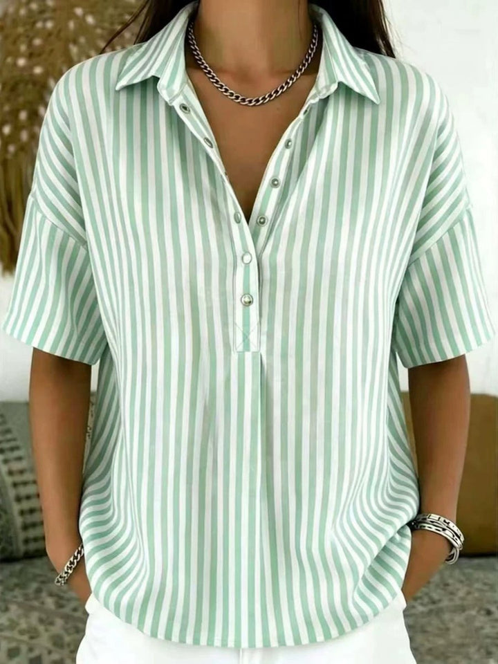 Solène | Women's Striped Collared Short Sleeve Blouse