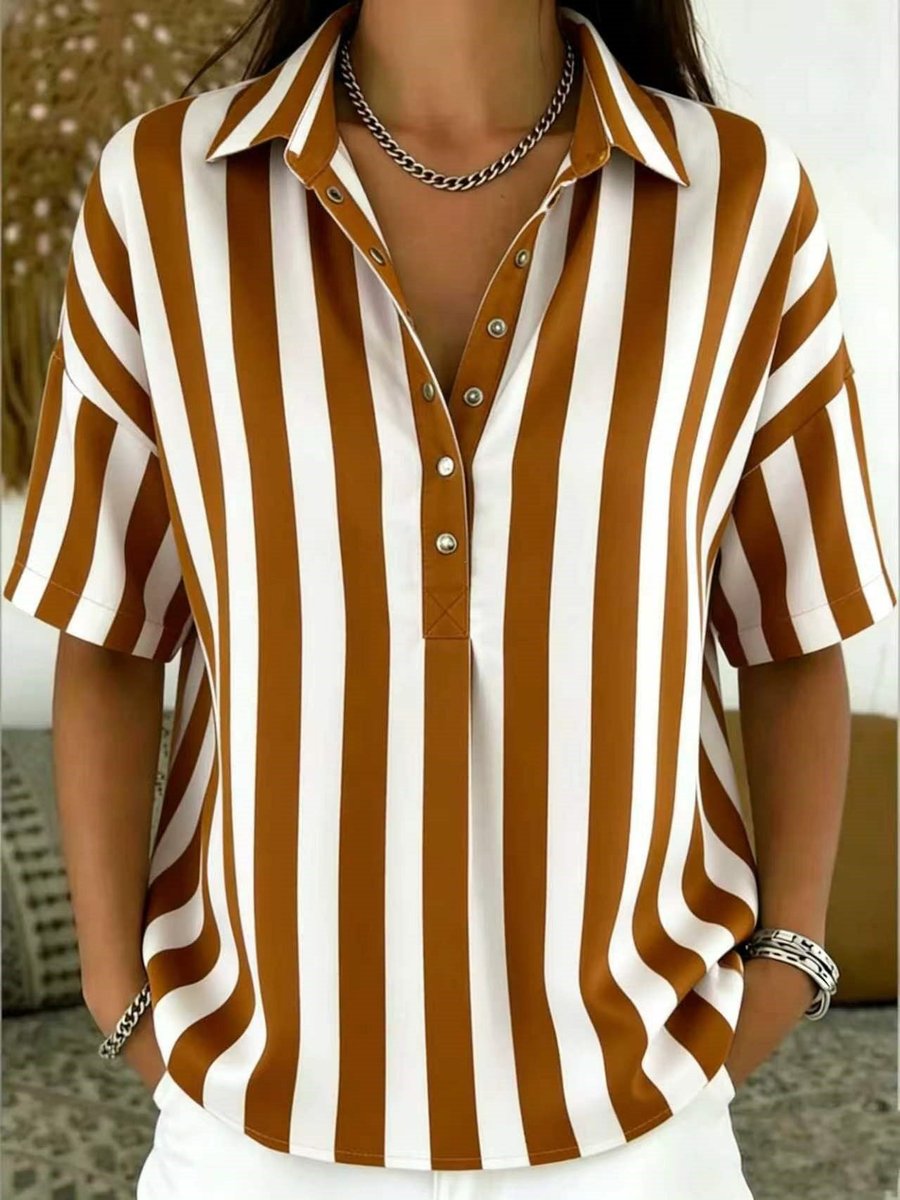 Solène | Women's Striped Collared Short Sleeve Blouse